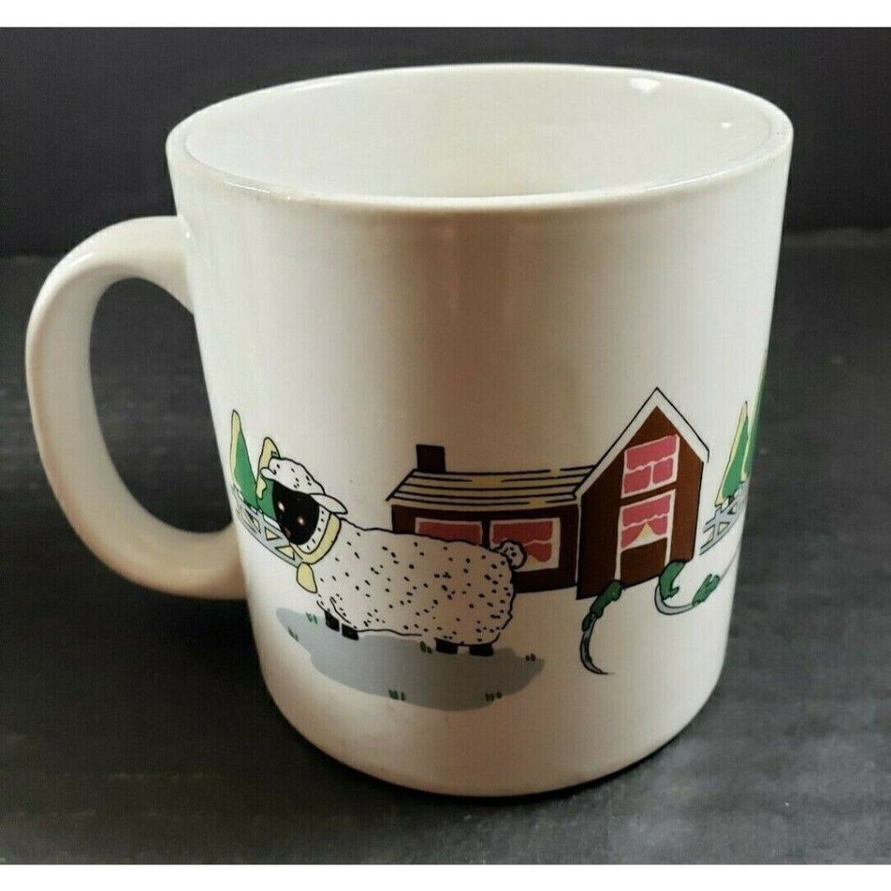 Vintage Set Farmhouse Ceramic Coffee Mugs Farm Animals Barn Sheep Geese Country